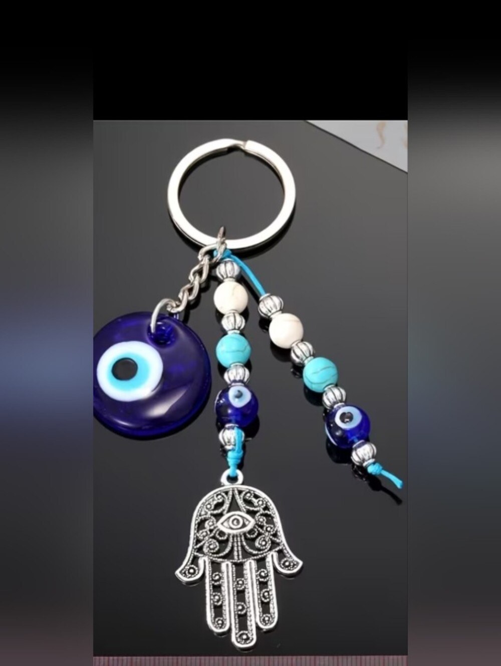 Blue Evil Eye Hamsa Hand Keychain with Beaded Accents 5 In